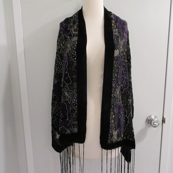 Black & Purple Glitter Silk Viscose Burnout Velvet Scarf Black Witchy Whimsigoth - Picture 4 of 13